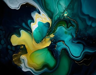 Obraz premium Abstract Fluid Painting: Teal, Green, Gold, and White Swirls