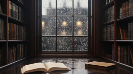 cozy library scene with rain on window, creating tranquil atmosphere. Books are open on wooden table, inviting readers to enjoy peaceful moment