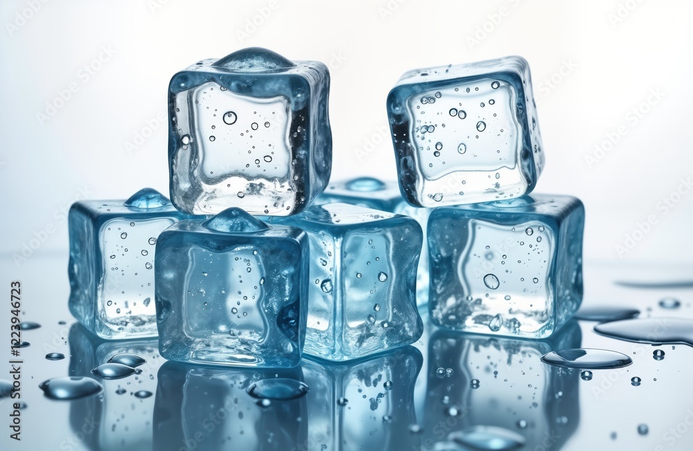 Poster transparent ice cubes stacked showing water droplets. ice cubes clear, cool. water droplets visible 