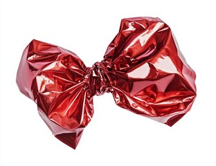 Red foil-wrapped candy, crumpled, bow shape, isolated.