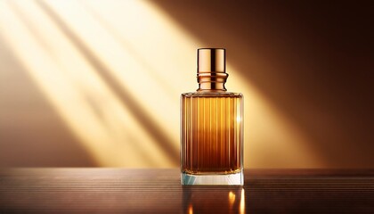 Elegant Blank Perfume Bottle Mockup with Brown Liquid in a Warm Temperature. Perfume with Gold Background and Natural Daylight.