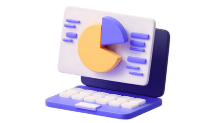 3D Isometric Laptop with Pie Chart and Data Analytics Dashboard on Screen

