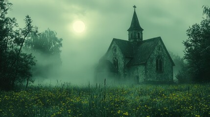 Fototapeta premium A Foggy Field Holds An Old Stone Church