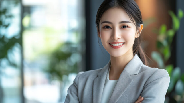 confident and capable young woman in professional setting, smiling warmly. She wears light gray blazer and stands with her arms crossed, exuding professionalism and approachability