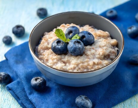 Oatmeal with Blueberries and Mint in a Bowl