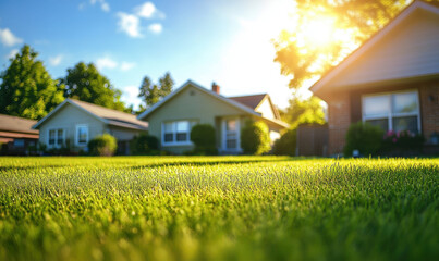 sunny suburban neighborhood with well maintained lawns and charming houses. vibrant green grass reflects warm sunlight, creating peaceful and idyllic atmosphere