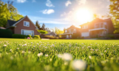 sunny suburban neighborhood with houses and green grass, showcasing peaceful atmosphere. vibrant flowers add charm to idyllic setting