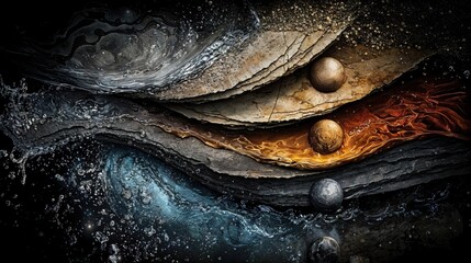Layers of swirling textures depict elements of nature, showcasing the dance of water, earth, fire, and air in a mesmerizing visual narrative that invites contemplation.