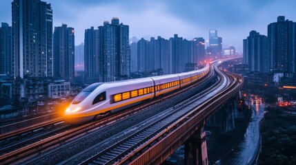 Naklejka premium High Speed Train Through Cityscape at Dusk