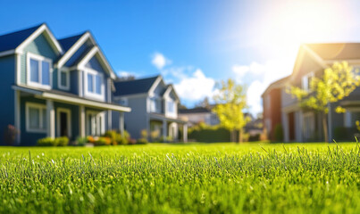 Idyllic neighborhood with modern houses and lush green grass under sunny sky. vibrant scene captures peaceful suburban lifestyle, perfect for families