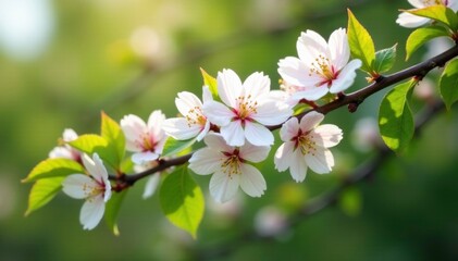 Obraz premium Soft pink petals unfurl on a branch amidst lush green leaves, blooming tree, tree, spring white garden cherry flowers