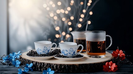 Fototapeta premium Two teacups, teapot, and loose tea leaves on wooden slice, bokeh background; perfect for tea-related content