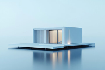 minimalist house design with sleek exterior and large windows, reflecting serene atmosphere. structure is elevated above calm surface, creating tranquil scene