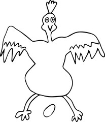funny chicken stands with wings spread wide laid an egg falling down and looks at the camera style of children's painting