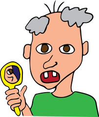 scared old man in green shirt with two teeth in mouth, bald head and thinning grey hair holds mirror in hands and looks at camera with fear in children's painting style style of children's painting