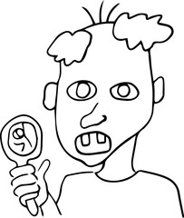 scared old man with two teeth with bald spot and thinning hair holds mirror in hands and looks at camera with fear style of children's painting