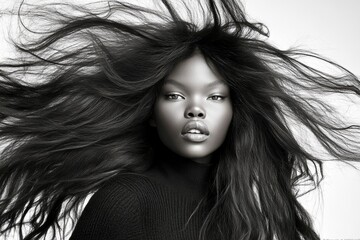 Naklejka premium Long hairdo - highlighted hair. Commercial promotion visual idea. Pretty calm black girl - for ads, boulevard poster and digital marketing use. Afro-american portraits. African hair glamour.