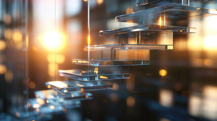 Glass stairs reflecting sunlight create serene and modern atmosphere