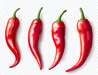 Four vibrant red chili peppers isolated on white background.