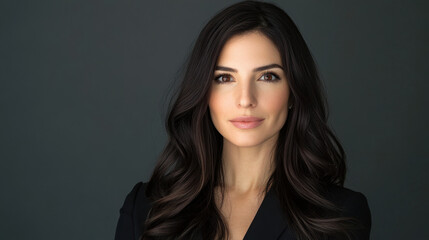 Fototapeta premium confident woman with long dark hair and professional appearance, wearing black blazer against neutral background. Her expression conveys poise and determination
