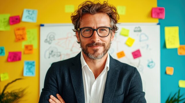 Confident professional man standing in a creative workspace with colorful post-it notes on a vibrant wall