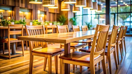 Fototapeta premium Long Exposure of Modern Wooden Eco Design Table and Chairs in Cafeteria, Capturing the Essence of Contemporary Restaurant Interiors