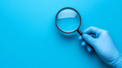 Doctor's hand holding magnifying glass symbolizing meticulous examination and attention to detail in medical practice with a minimalistic bright tone modern blurred empty space on the side

