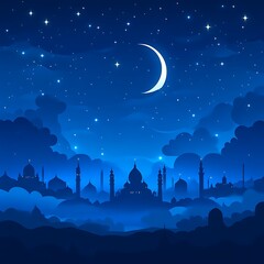 Night Sky, Crescent Moon, Cityscape, Clouds, Islamic