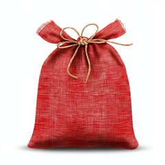 Red burlap gift sack tied with twine.