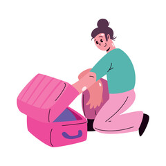 Woman closing pink suitcase for vacation