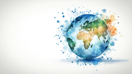 Earth Day celebration with a painted splashed world globe on a minimalistic bright background with blurred space for a caption on the side
