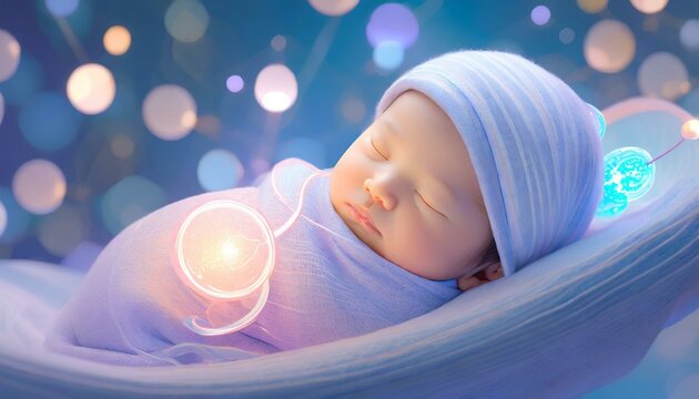眠る新生児の赤ちゃんと臍帯血の（造血）幹細胞をイメージした3D CGイラスト 医療系素材