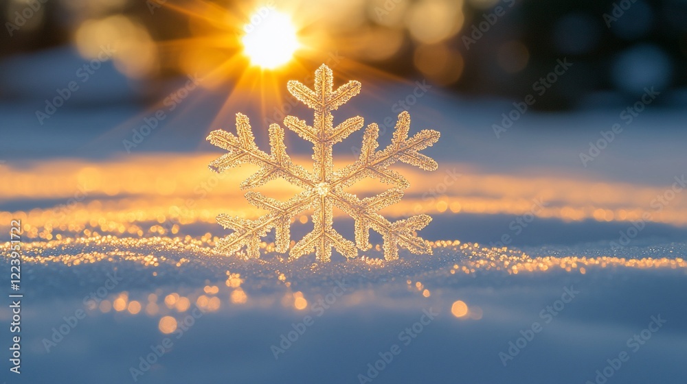 Poster sparkling snowflake in snowy sunset.