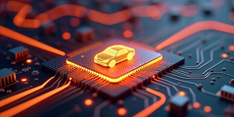 Autonomous car tech concept. Microchip with circuit board. Car icon on chip. Future of self-driving cars. Automotive innovation. Electronic design. Intelligent vehicle system. Modern car tech.