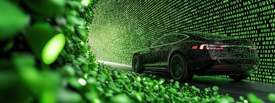 Electric Vehicle in a Futuristic Green Binary Code Tunnel Surrounded by Lush Green Foliage and Digital Elements