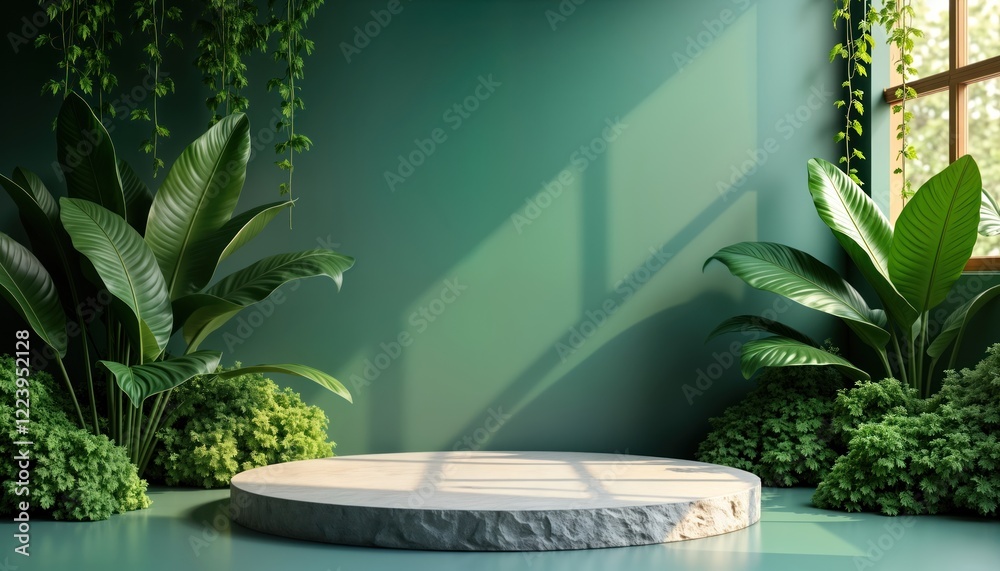 Poster empty round podium made of natural stone, concrete sits in natural green background. rich green plan
