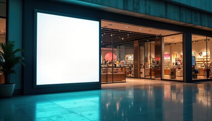 Blank LED screen billboard in front of cosmetics store. Cosmetics store interior visible through large glass windows. Shopping mall interior. Empty space for advertisement. Modern retail design.