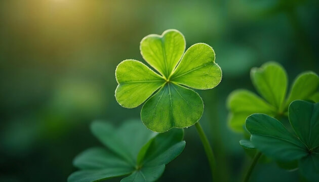 A lucky four-leaf clover, a rare find among the three-leafed shamrocks, stands out in a patch of fresh green clover, a symbol of Irish luck