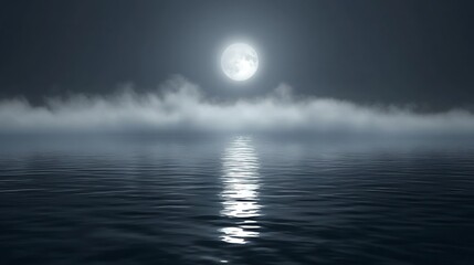 Obraz premium Full Moon Over Foggy Calm Sea at Night