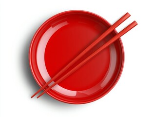 Red bowl and chopsticks on white background. (1)