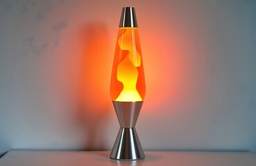 Orange lava lamp glows near white wall. Fluid wax rises and falls in lamp. Retro nightlight creates warm atmosphere. Nostalgic lighting. Stylish lamp decor. Great retro interior design piece.