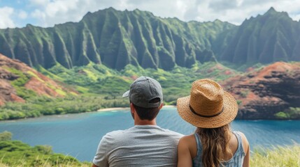 Couple Enjoys Scenic View of Mountains and Ocean at Oahu, Hawaii with Greenery and Colorful Landscape