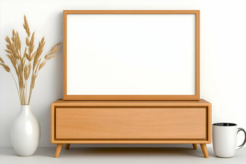 Blank frame mockup, wood cabinet, vase, coffee mug