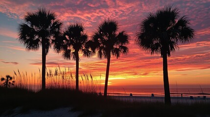 Obraz premium Silhouetted palm trees against a vibrant orange and pink sunset sky, casting long shadows on the beach
