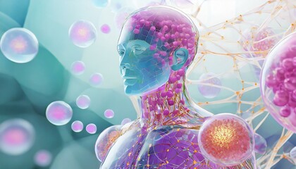 3D Illustration of Man in Anatomy Style and Microscopic View of Stem Cells Self-Replicating and Proliferating within Body. Concept of Regenerative Medicine. Medical Illustration. 