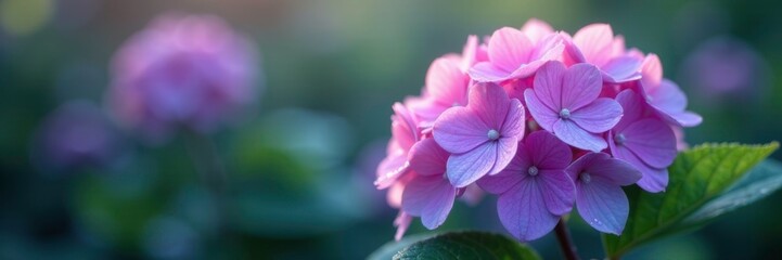 Fototapeta premium Soft pink purple petals of hydrangea bloom in morning dew, blue undertones, serene garden, morning dew