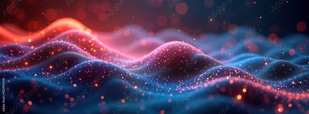 Aufkleber Abstract digital particles form wavy patterns. Vibrant colors mix in dynamic design. Glowing effect prominent. Digital artwork suitable for tech backgrounds. Creative design, trendy aesthetic.
