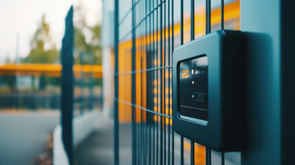 close up photo of modern high tech electric fence control panel, showcasing its sleek design and functionality. vibrant background adds contemporary feel to image