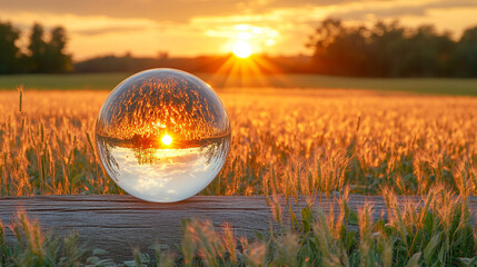 Glass sphere reflecting a vibrant sunset in a serene natural setting with soft bokeh, warm light, and a modern minimalistic feel offering a blank space for captions or text

