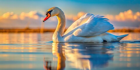 Fototapeta premium Majestic Mute Swan on Calm Sea: Documentary Photography of Waterfowl